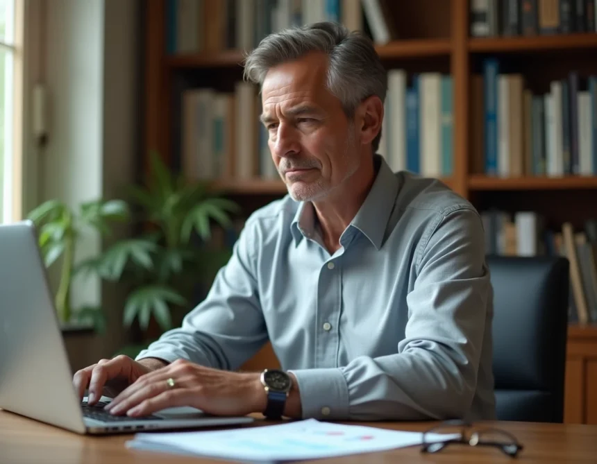 Investisseur particulier analysant les dates de dividendes Orange 2026 sur son ordinateur portable dans un bureau à domicile