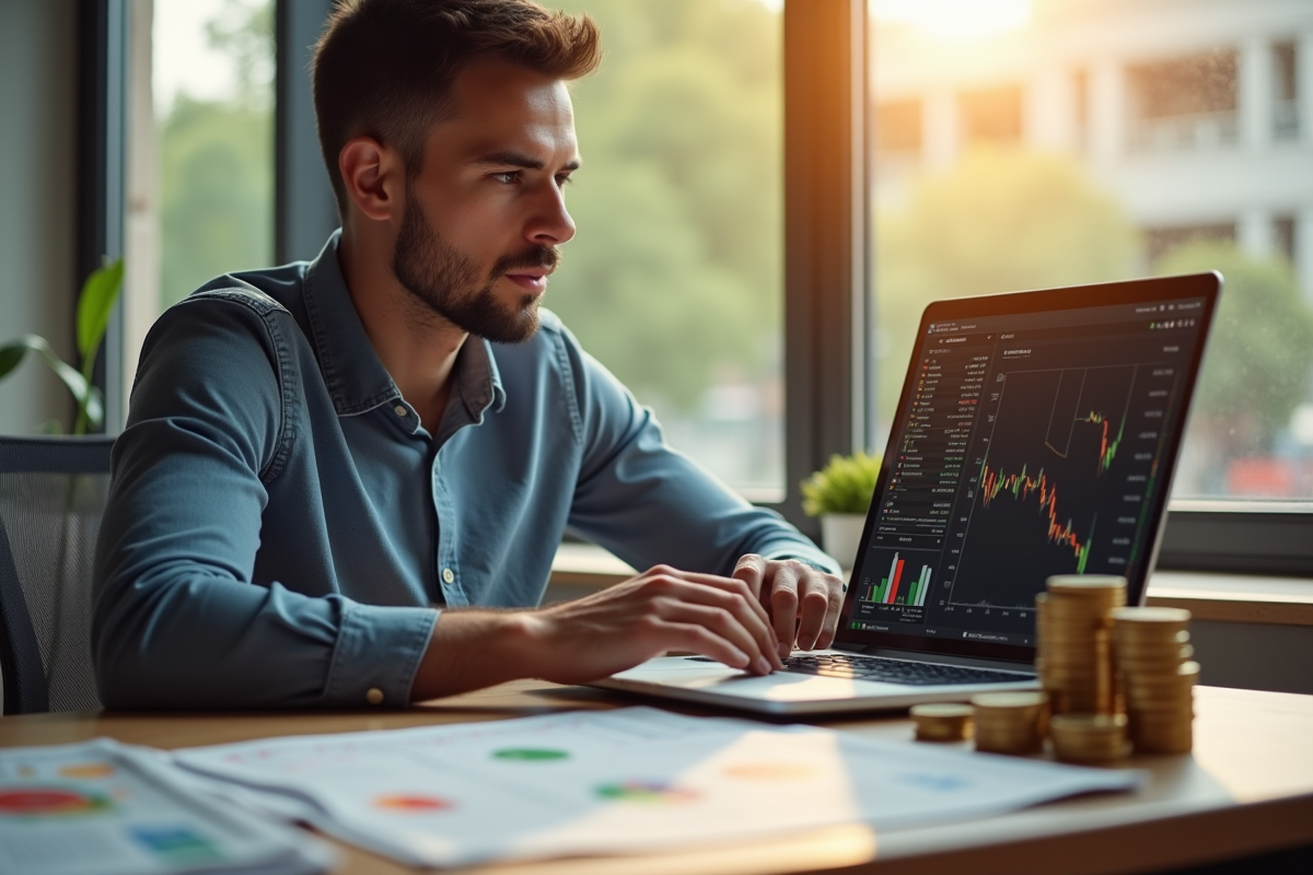Jeune investisseur analysant des graphiques de cryptomonnaies