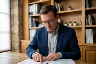 Un homme d'une quarantaine d'années examine des documents immobiliers et fiscaux dans un bureau à domicile, illustrant la stratégie d'investissement dans l'immobilier ancien pour réduire ses impôts en 2026.