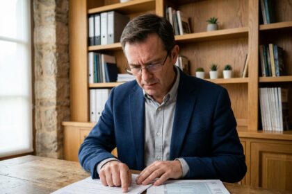 Un homme d'une quarantaine d'années examine des documents immobiliers et fiscaux dans un bureau à domicile, illustrant la stratégie d'investissement dans l'immobilier ancien pour réduire ses impôts en 2026.