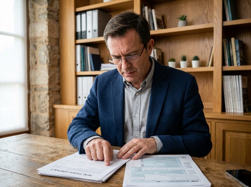 Un homme d'une quarantaine d'années examine des documents immobiliers et fiscaux dans un bureau à domicile, illustrant la stratégie d'investissement dans l'immobilier ancien pour réduire ses impôts en 2026.