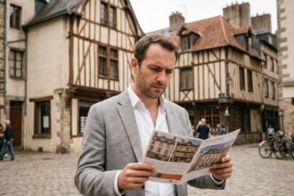 Investisseur immobilier analysant une brochure dans le centre historique de Rennes avec des maisons à colombages en arrière-plan