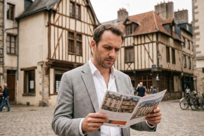 Investisseur immobilier analysant une brochure dans le centre historique de Rennes avec des maisons à colombages en arrière-plan