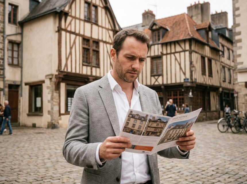 Investisseur immobilier analysant une brochure dans le centre historique de Rennes avec des maisons à colombages en arrière-plan