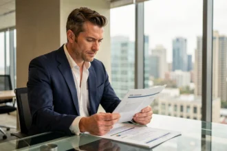 Investisseur immobilier analysant des documents de SCPI dans un bureau moderne avec vue sur la ville
