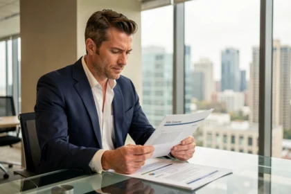 Investisseur immobilier analysant des documents de SCPI dans un bureau moderne avec vue sur la ville