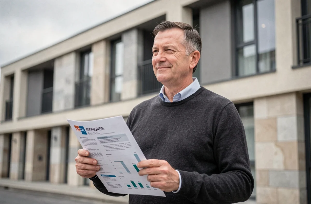 Investisseur tenant un prospectus de SCPI devant un immeuble résidentiel moderne en milieu urbain