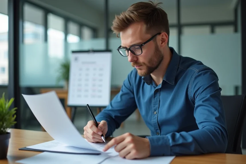 Jeune homme belge au bureau lisant un document de paie
