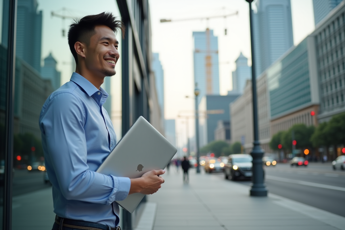Jeune entrepreneur dans la ville avec son ordinateur portable