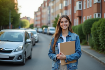Jeune femme souriante avec documents devant voiture d'occasion