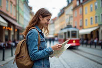 Jeune femme en denim checkant une carte dans une ville colorée