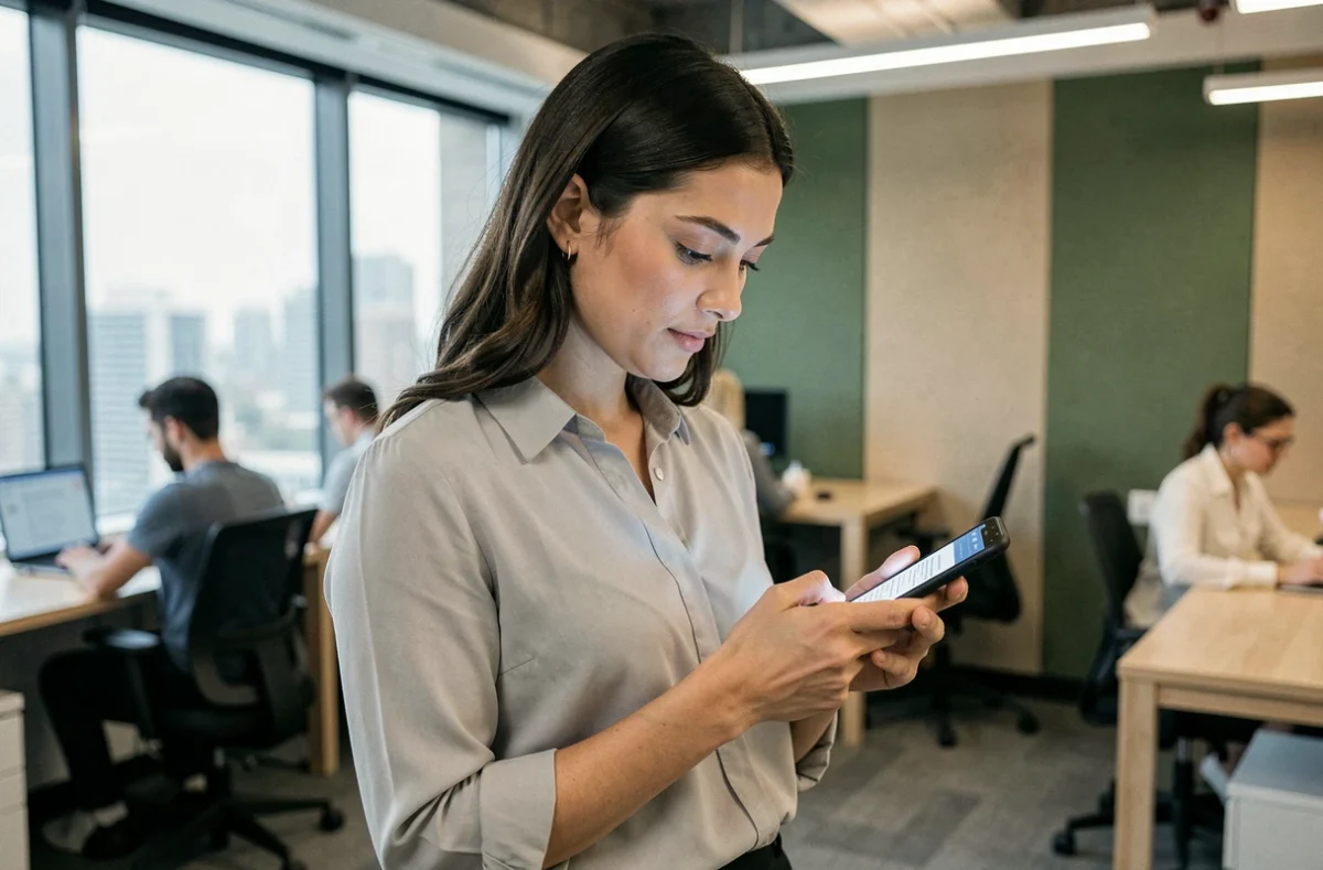 Une jeune femme active demande un devis Harmony Mutuelle en ligne depuis son smartphone dans un espace de coworking moderne
