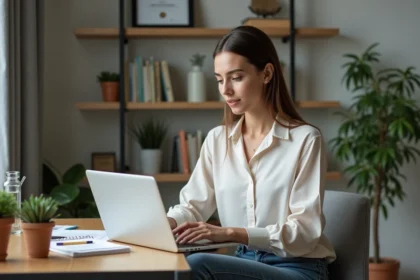 Jeune femme en télétravail dans un bureau moderne