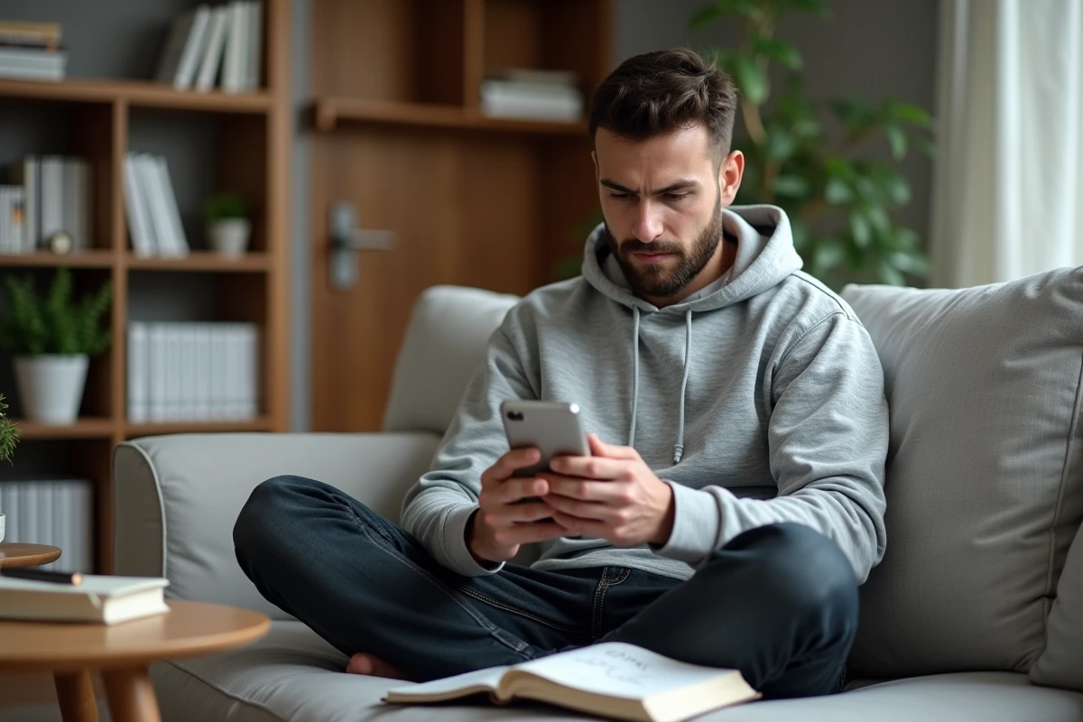 Jeune homme consultant une application de conversion de devises dirham marocain en euro sur smartphone depuis son domicile