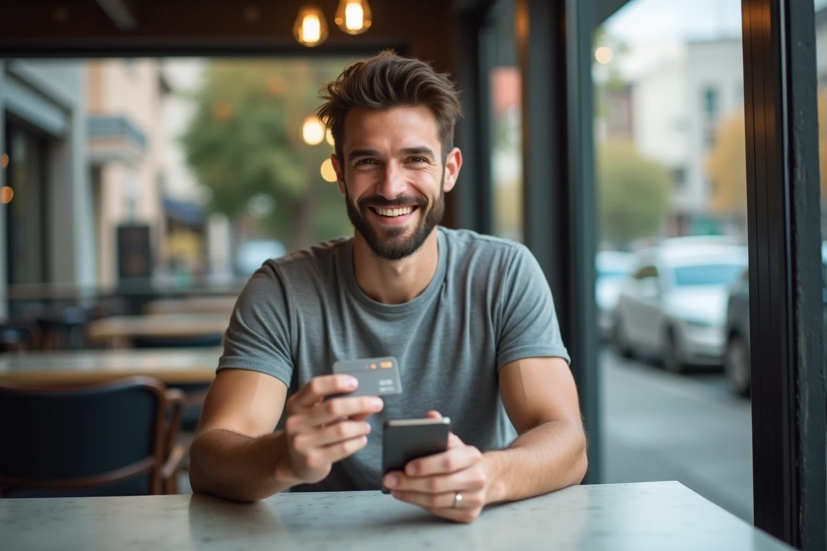 Jeune homme souriant montrant sa carte et son téléphone au café