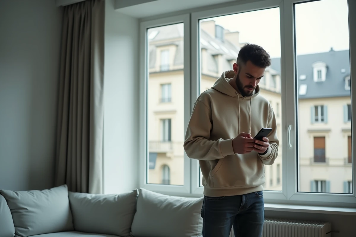 Jeune homme consulant son téléphone avec une expression perplexe face à un problème avec l'application Nickel