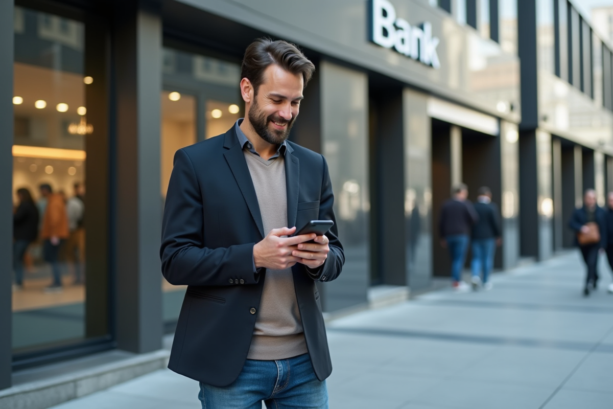 Jeune homme souriant regarde son smartphone devant un bâtiment bancaire