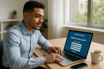 Jeune professionnel utilisant un ordinateur pour ouvrir un compte bancaire en ligne