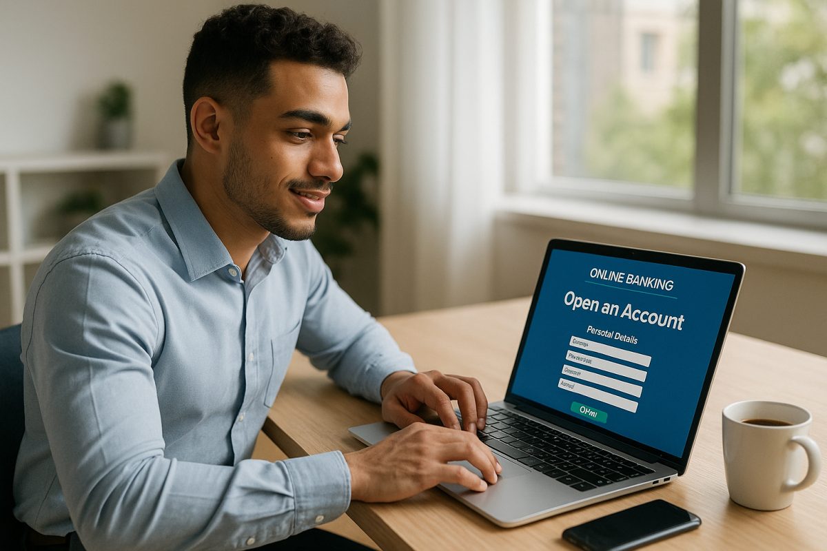 Jeune professionnel utilisant un ordinateur pour ouvrir un compte bancaire en ligne