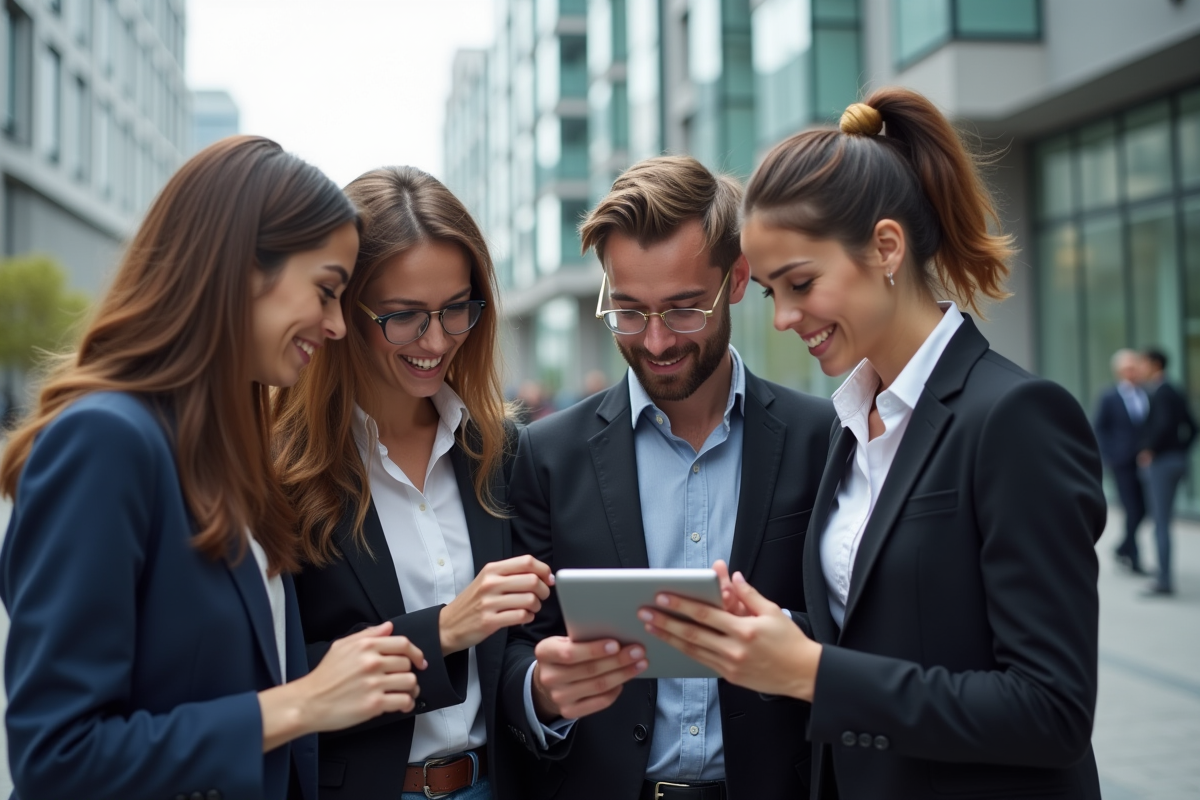Jeunes professionnels discutant près de La Défense