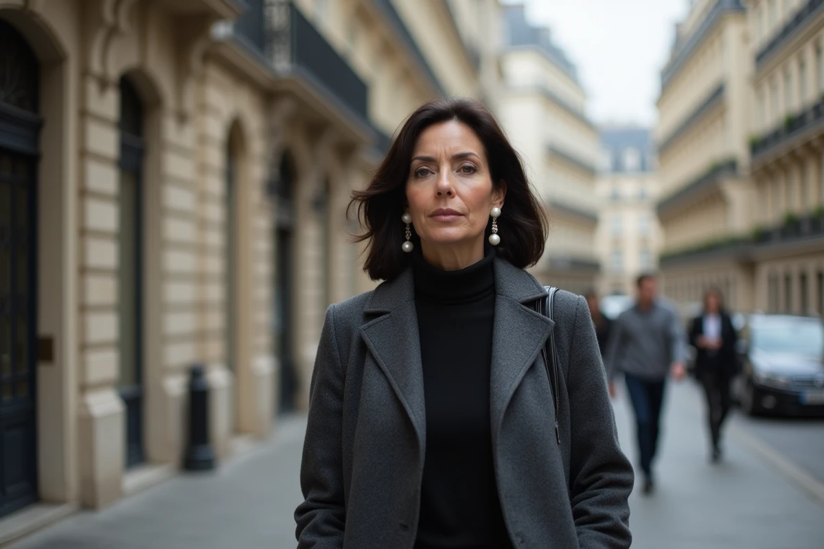 Femme élégante et confiante marchant dans un boulevard parisien haussmannien, évoquant le succès financier et la notoriété d'une grande journaliste française