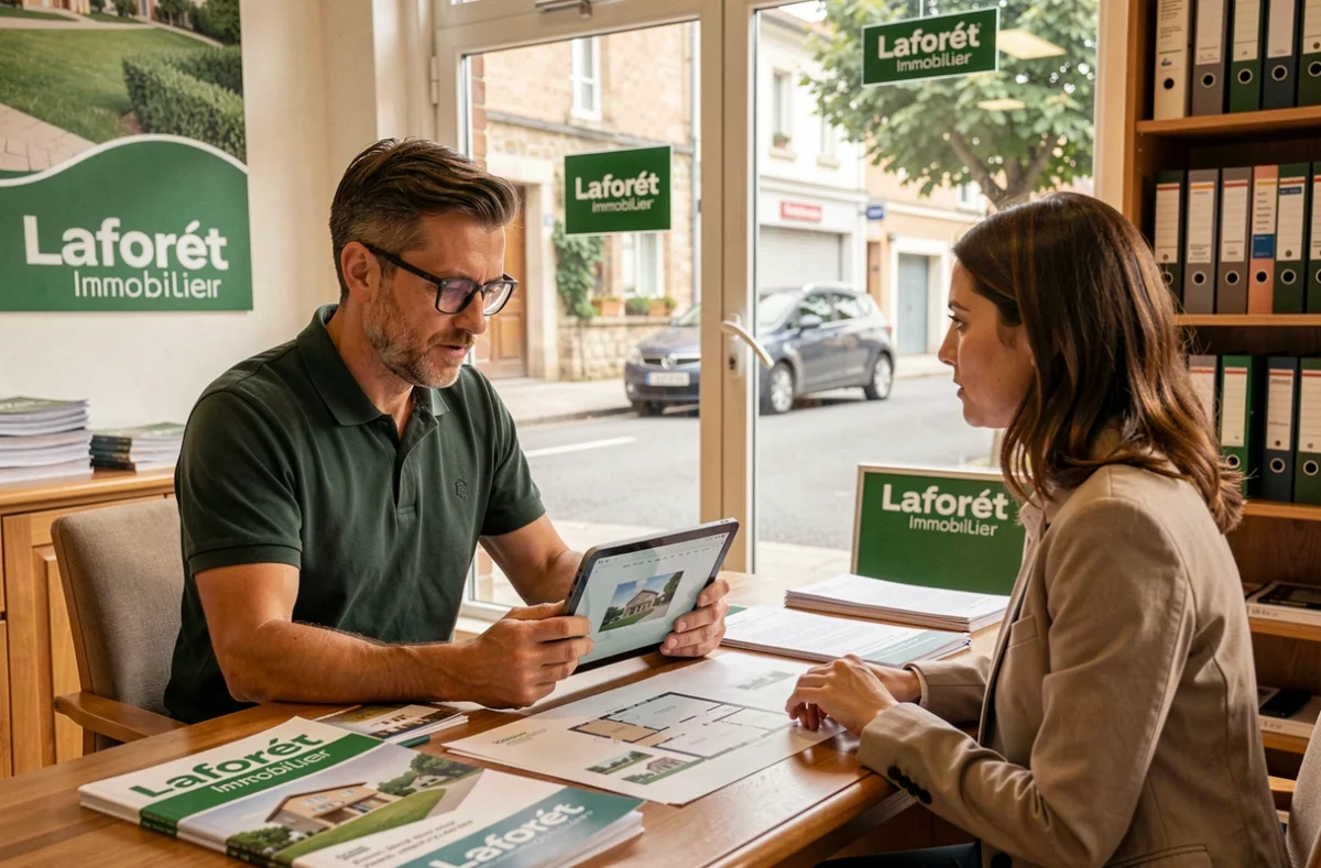 Agent Laforêt Immobilier des Yvelines présentant un plan d'appartement à un client intéressé par l'investissement locatif