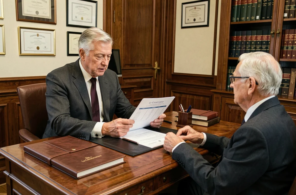 Conseiller du Conservateur en bureau Île-de-France présentant un plan d'investissement patrimonial à des clients dans un cadre élégant et traditionnel