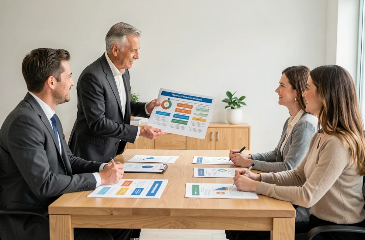 Conseiller Lemaitre Conseils présentant un plan patrimonial et d'assurance à un couple dans une salle de réunion
