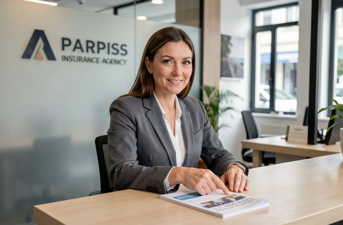 Conseillère en assurance des Assurances De Paris accueillant un client dans son agence moderne