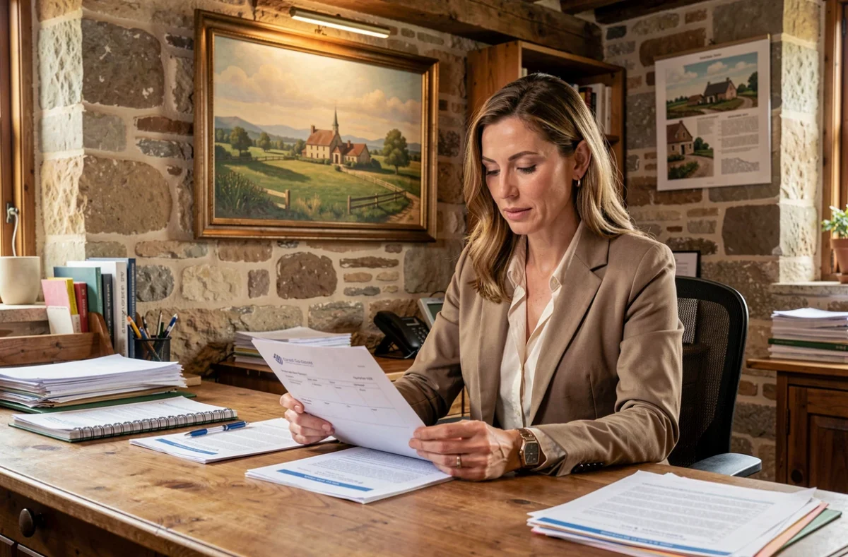 Conseillère des Assurances Du Vexin dans un bureau régional étudiant des contrats d'assurance rurale