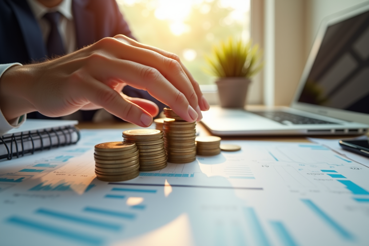 Main empilant des pièces sur un bureau avec graphiques financiers