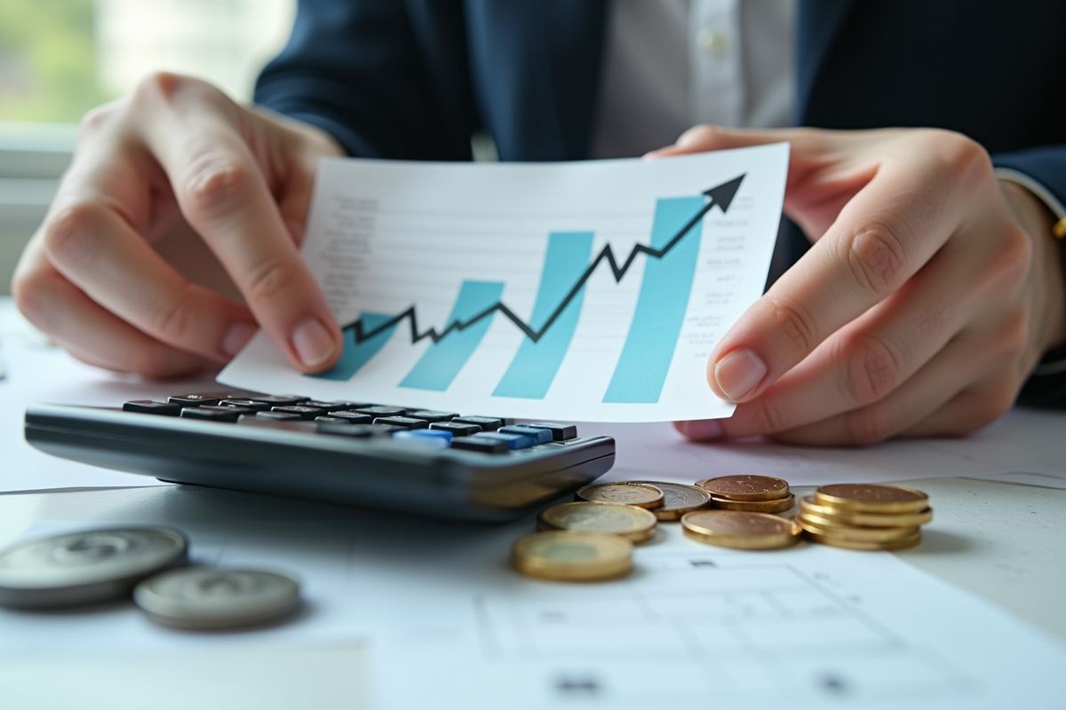 Mains tenant une calculatrice et un graphique financier