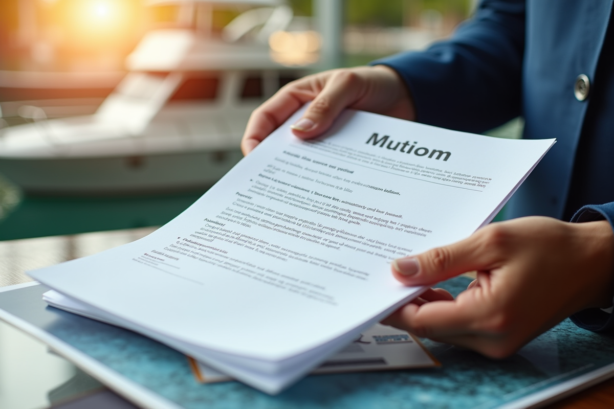 Mains tenant un document de simulation de pret bateau sur magazine nautique