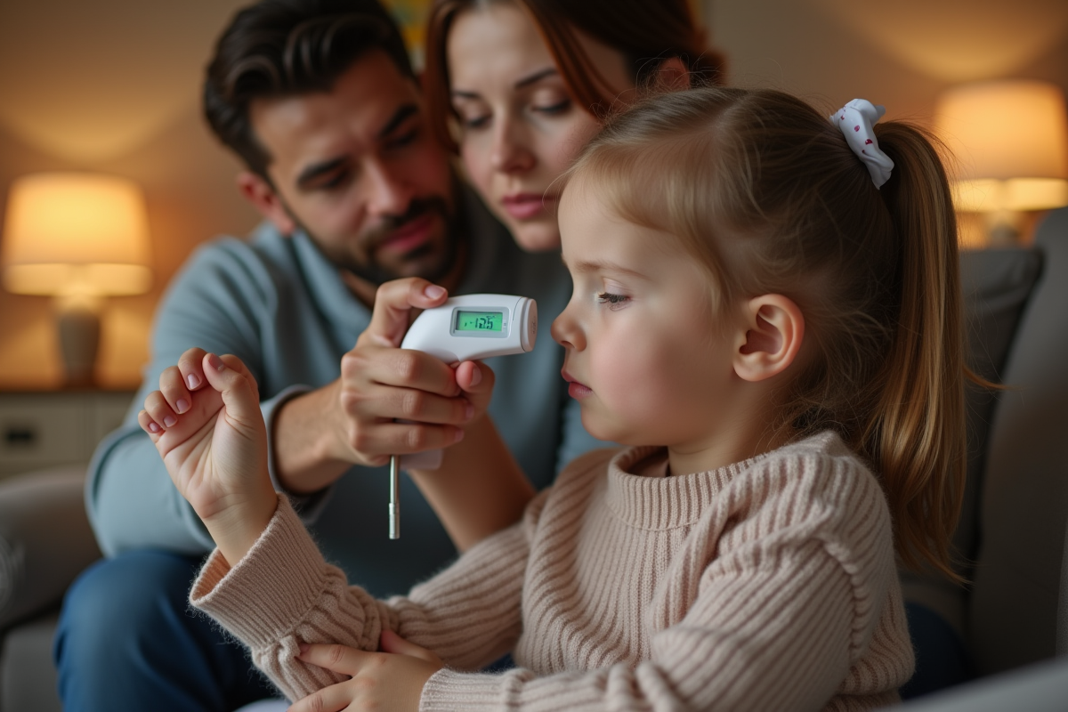 Maman vérifiant la température de sa fille dans un salon chaleureux