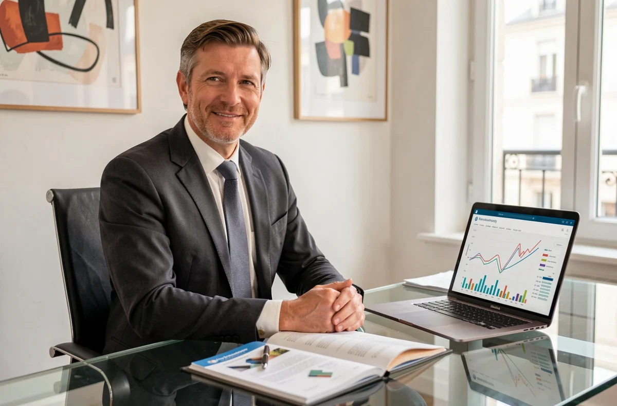 Conseiller MB Courtage et Patrimoine présentant un bilan patrimonial et des solutions d'assurance dans un bureau moderne