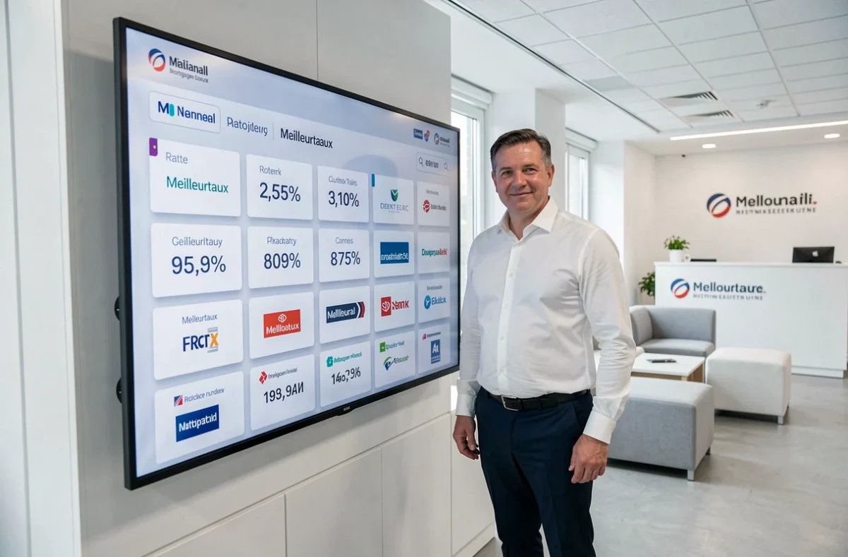 Courtier Meilleurtaux présentant une comparaison de taux de crédit immobilier sur un écran interactif dans son agence