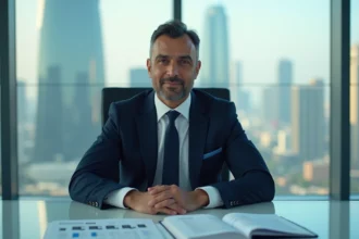 Homme d'affaires du Moyen-Orient en costume sombre assis dans une salle de réunion moderne représentant la fortune et le pouvoir de Nasser Al-Khelaïfi