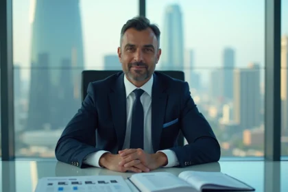 Homme d'affaires du Moyen-Orient en costume sombre assis dans une salle de réunion moderne représentant la fortune et le pouvoir de Nasser Al-Khelaïfi