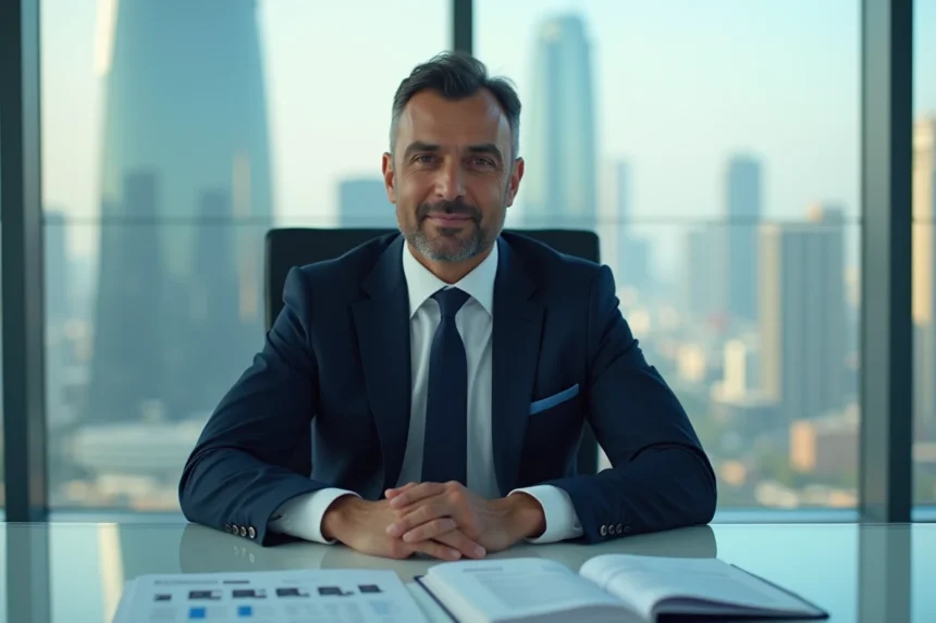Homme d'affaires du Moyen-Orient en costume sombre assis dans une salle de réunion moderne représentant la fortune et le pouvoir de Nasser Al-Khelaïfi
