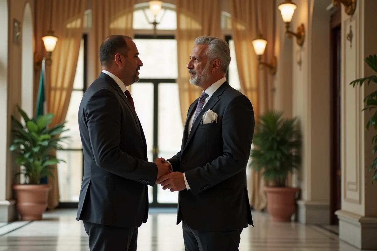 Réception diplomatique formelle avec un dirigeant du Moyen-Orient en discussion politique illustrant les liens entre business, politique et football de Nasser Al-Khelaïfi