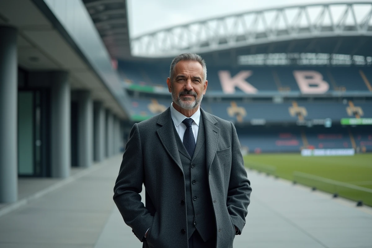 Dirigeant sportif devant un grand stade de football européen illustrant la passion du football et l'influence de Nasser Al-Khelaïfi dans le monde du sport