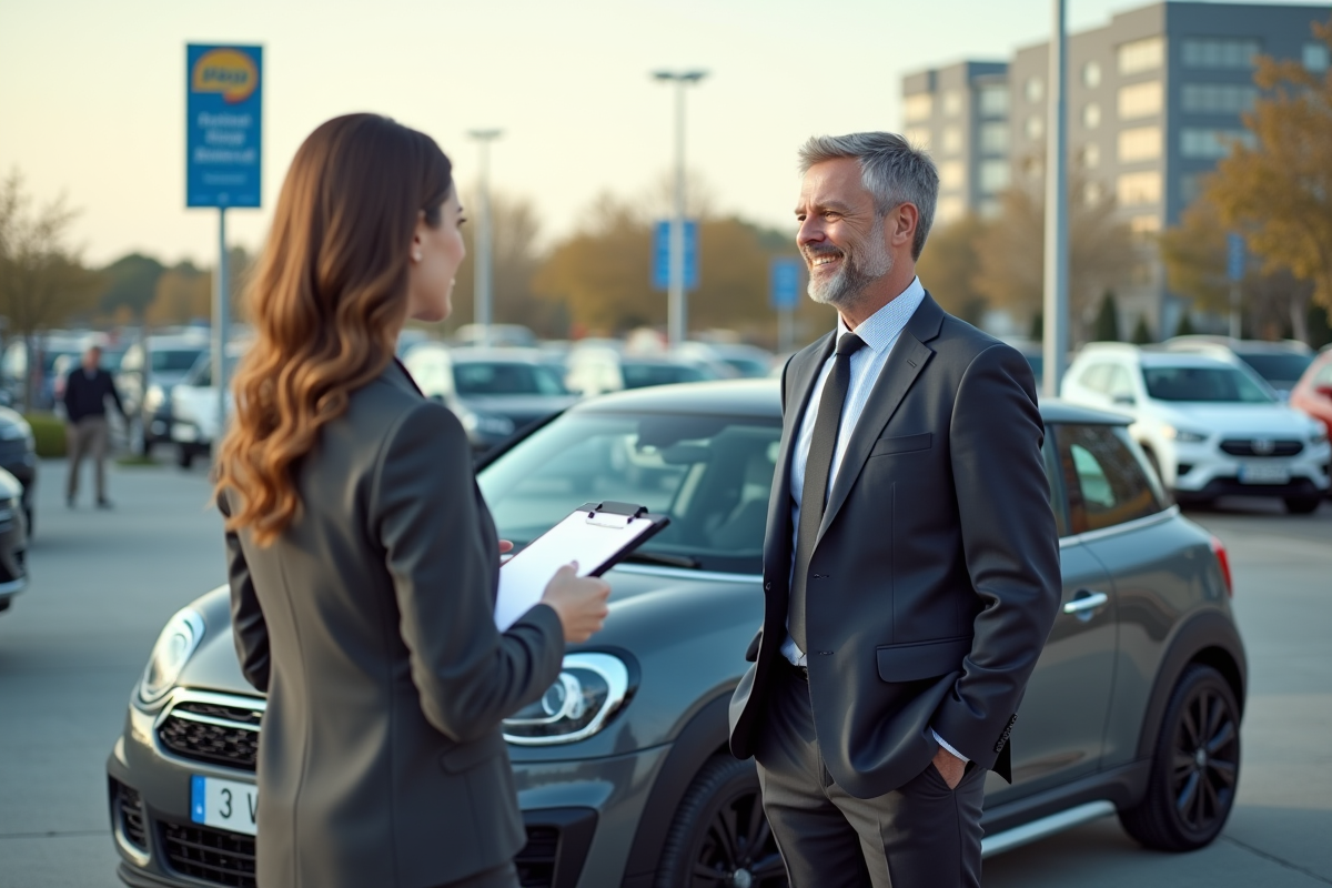 Homme daffaires et vendeuse négocient voiture en concession