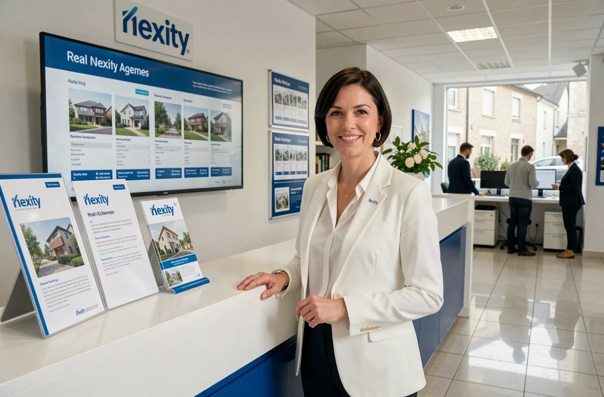Conseillère Nexity Conseil et Transaction accueillant des clients dans l'agence immobilière des Yvelines avec des annonces immobilières en arrière-plan