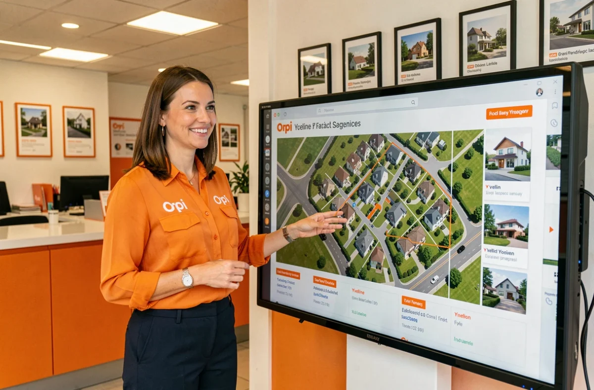Conseillère Orpi des Yvelines présentant une carte interactive des biens locatifs disponibles dans la région à un client
