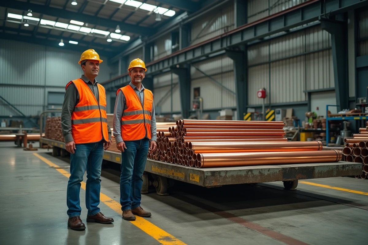 Deux ouvriers pesant des tuyaux et câbles en cuivre sur une balance industrielle dans un centre de recyclage des métaux