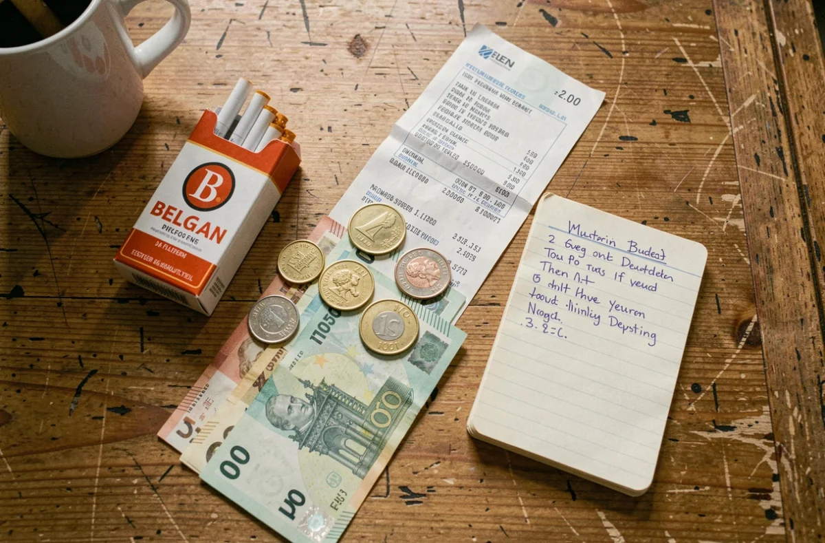 Vue de dessus d'un paquet de cigarettes belges posé sur une table de cuisine avec des pièces et billets en euros, illustrant le budget tabac et les taxes en Belgique