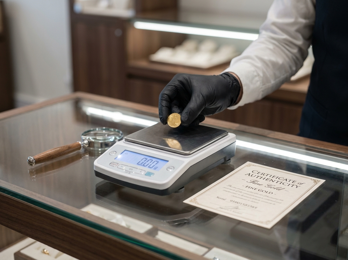 Pièce d'or placée sur une balance de précision avec certificat d'authenticité dans un comptoir professionnel