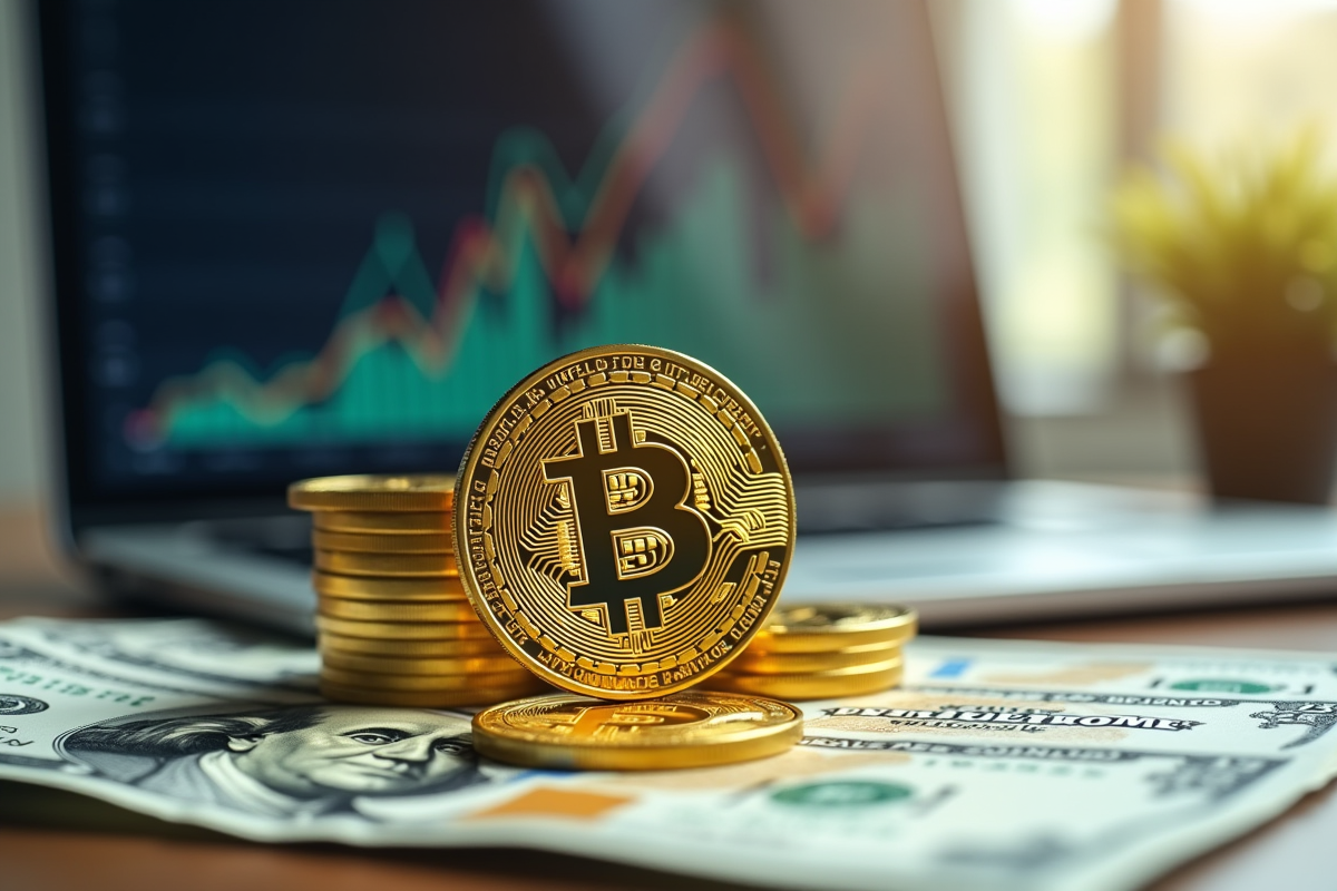 Pièces de bitcoin dorées empilées sur des dollars américains