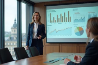 Femme entrepreneur présentant un pitch professionnel devant un comité d'investissement en salle de conférence parisienne