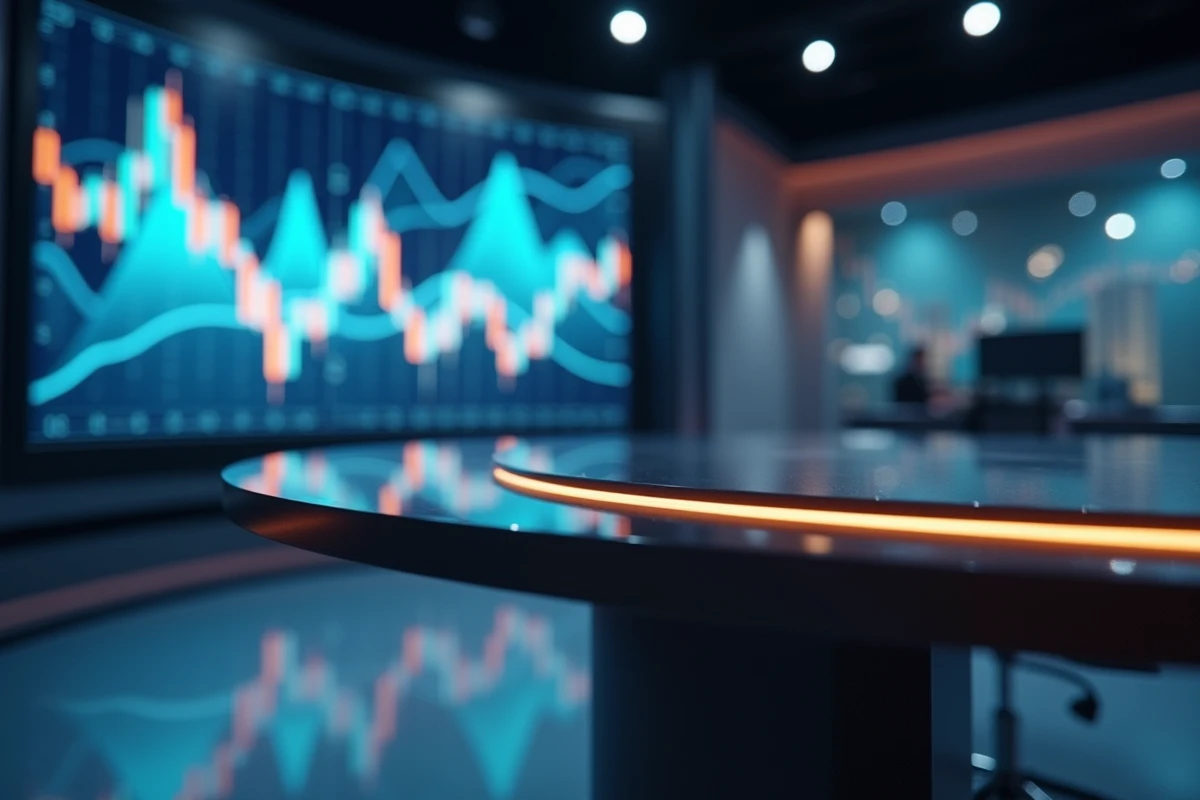 Plateau de télévision professionnel avec bureau d'ancrage et écrans de données financières, symbolisant la carrière médiatique lucrative d'une grande journaliste